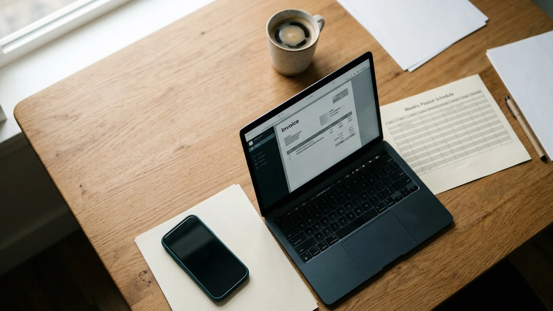 A merchant's desk at midday: a laptop showing an invoice, a printed payout schedule beside it, and a phone face-up next to a coffee cup.