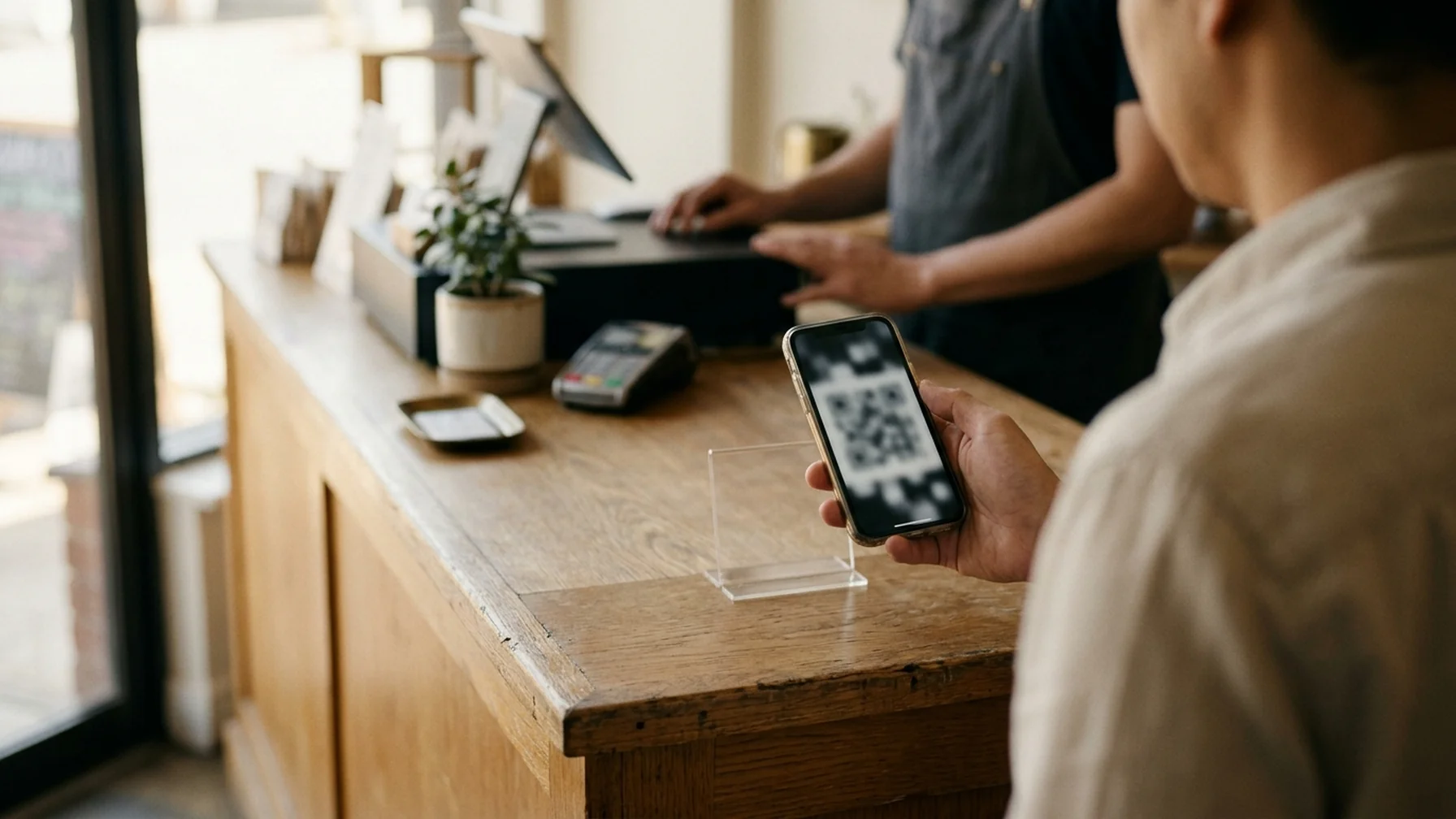 Customer at a checkout counter holding a phone toward a QR code stand while a cashier watches
