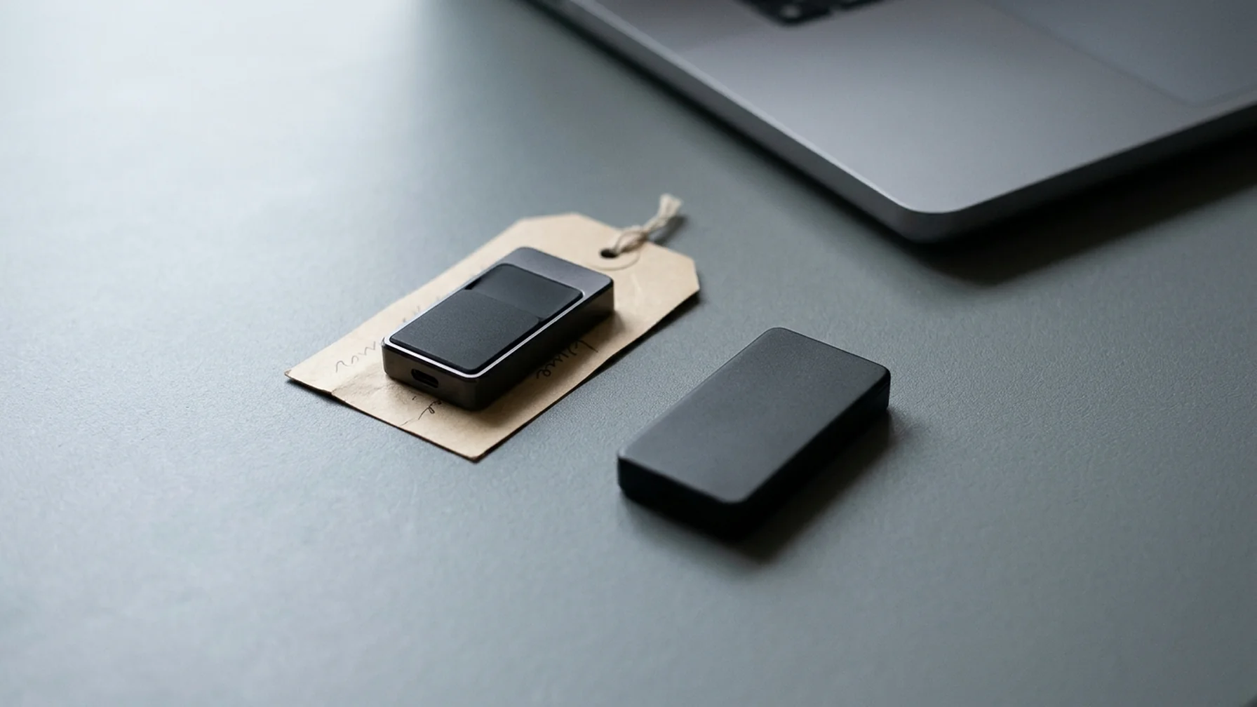 Two labeled hardware wallets and a laptop on a plain desk, one wallet set apart from the other