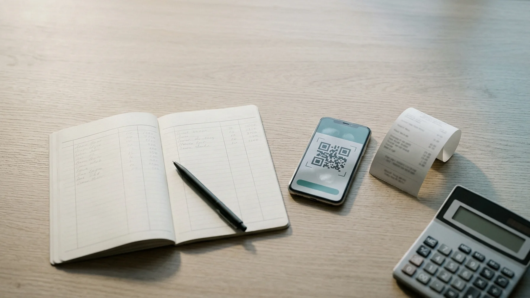 Desk with an open ledger notebook, a phone showing a QR code, and a printed receipt beside a calculator in daylight