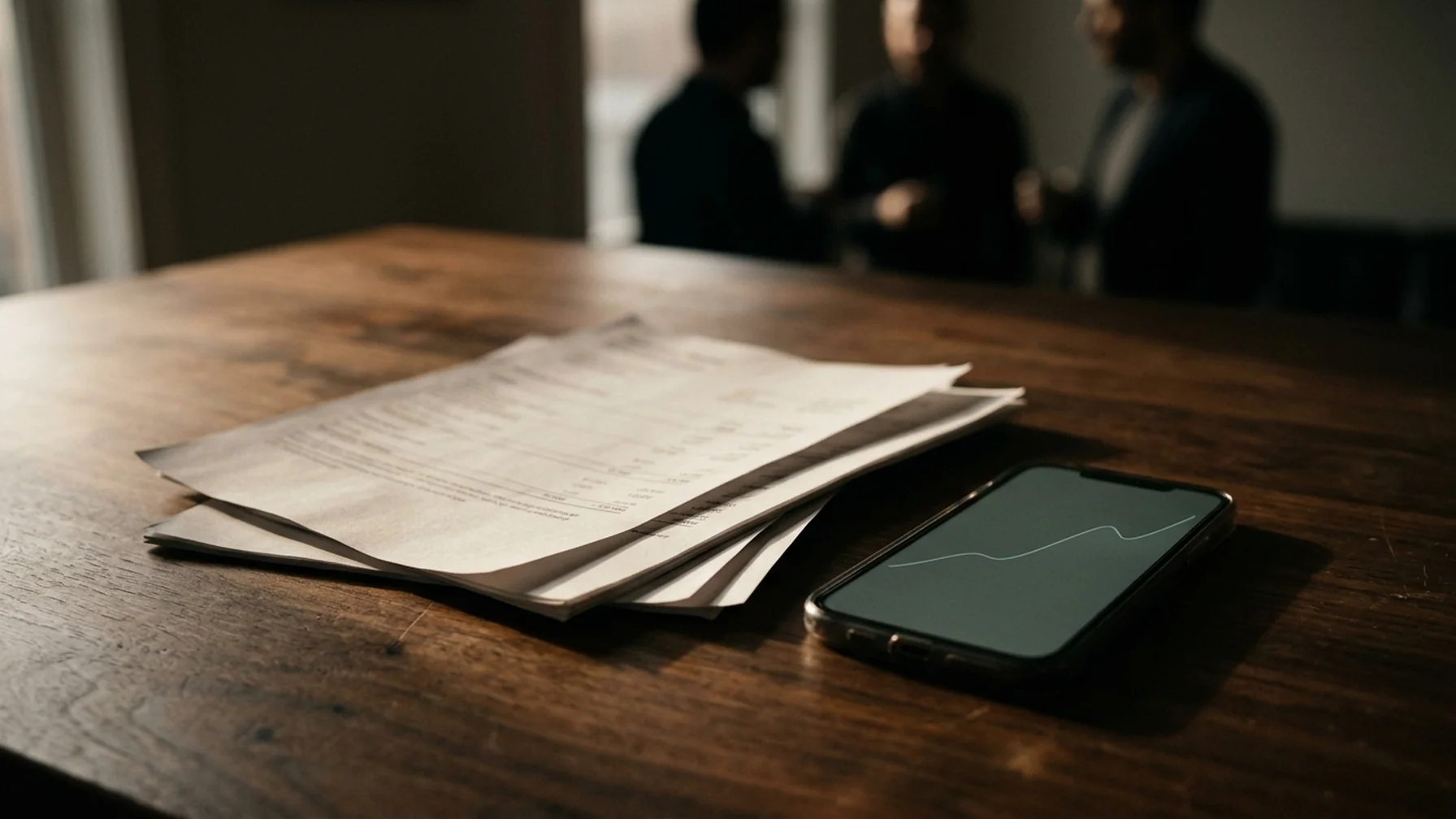 Printed monthly statement pages fanned out beside a phone showing a chart, on a dark table