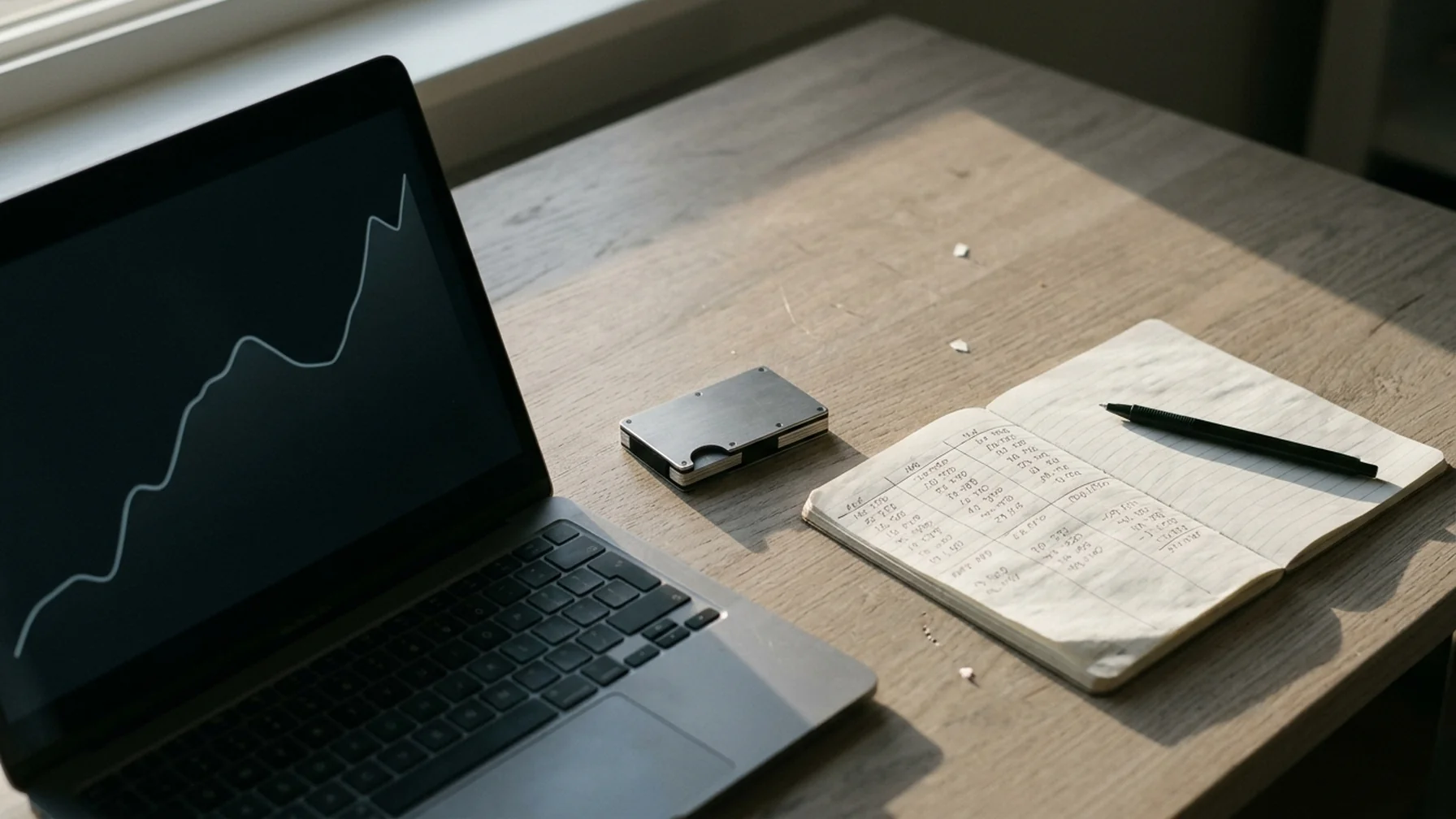 Laptop on a desk showing a simple balance chart beside a hardware wallet and a notebook with handwritten figures