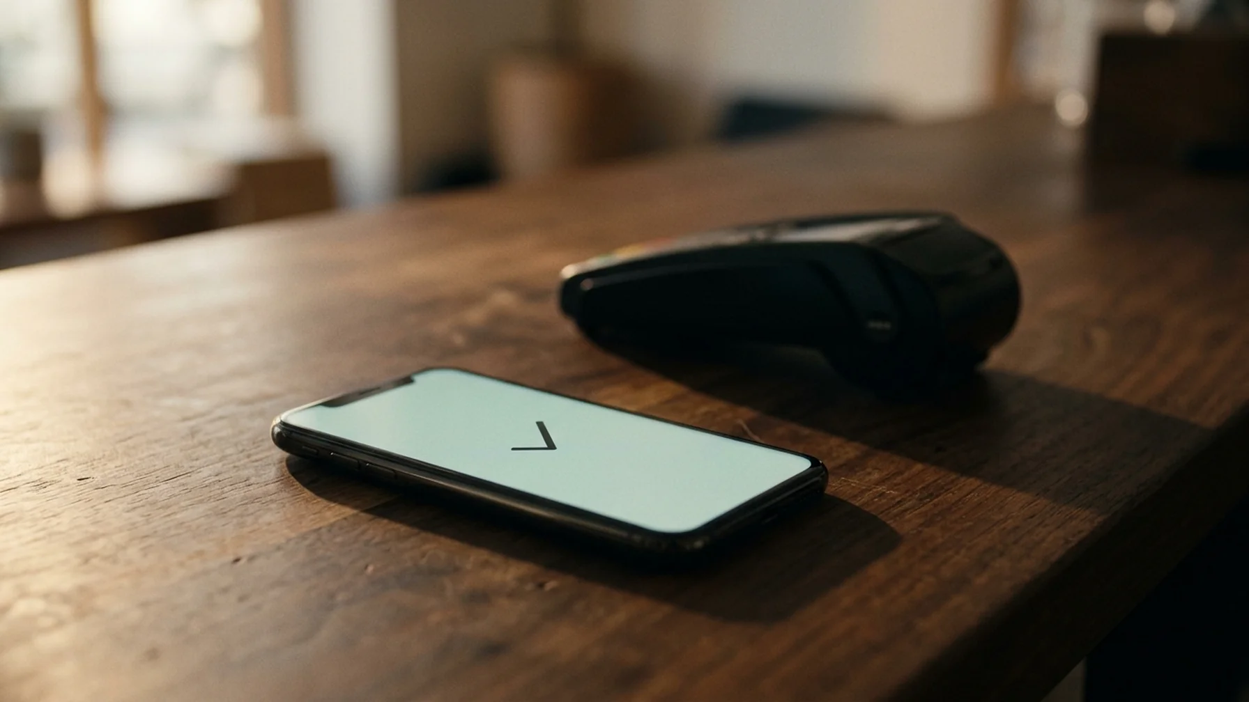 Close-up of a merchant's phone on a counter showing a payment confirmed notification, with a card terminal blurred behind it